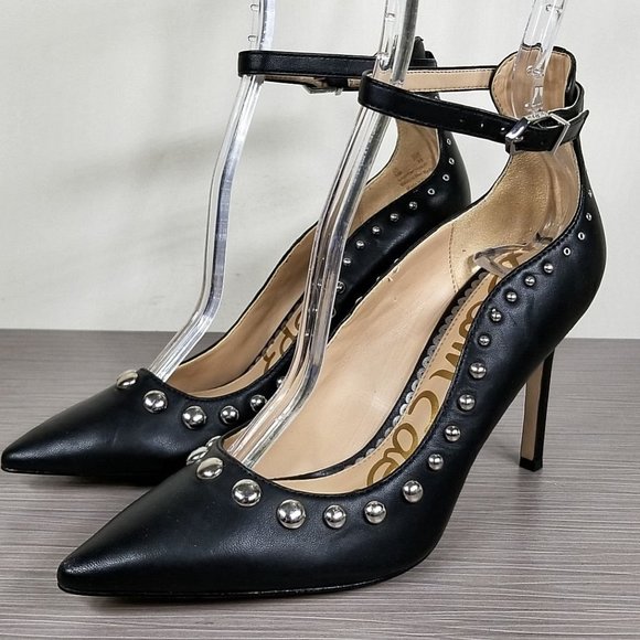 Sam Edelman Helen Ankle Strap Pump, Black Leather, Womens Size 5 M / 35 - Picture 1 of 11